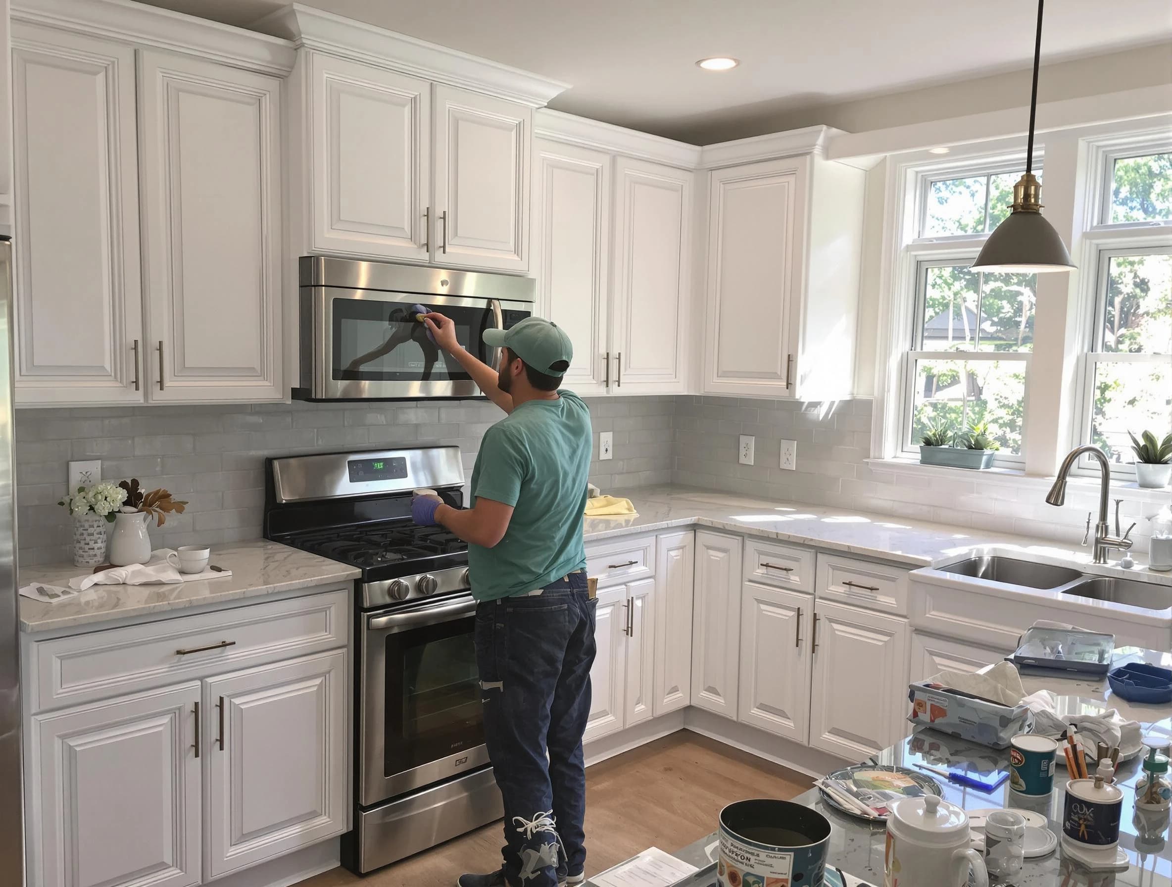 Kitchen cabinets being refinished by Westlake House Painters in Westlake, OH