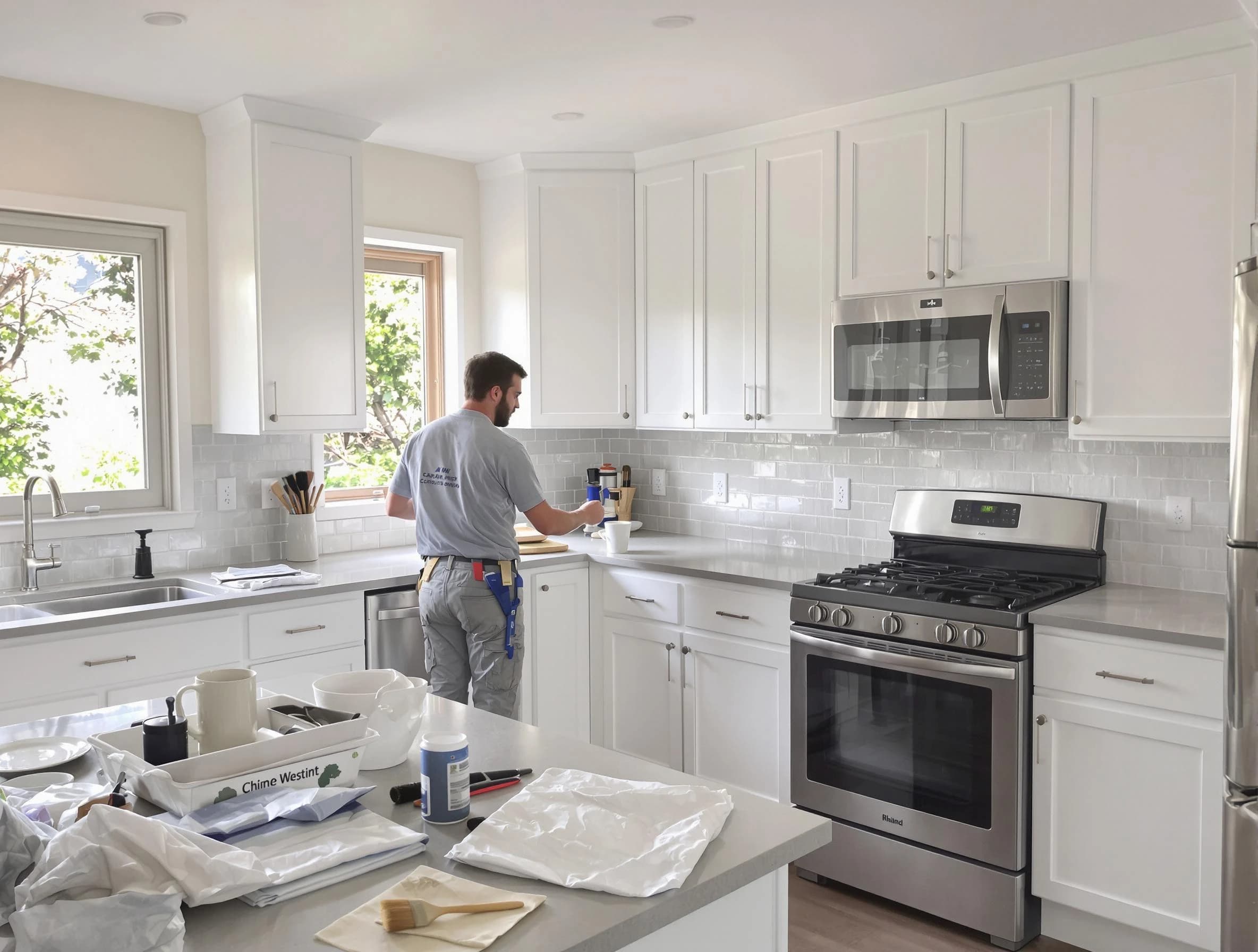 Westlake House Painters applying fresh paint on kitchen cabinets in Westlake