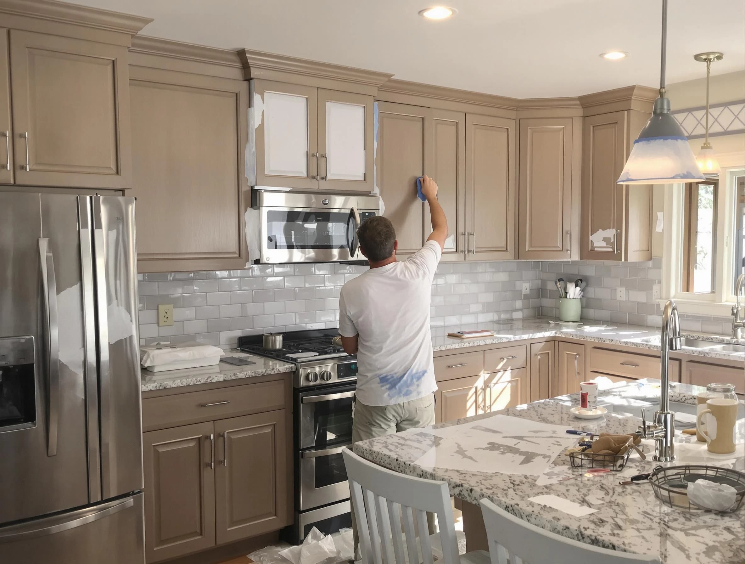 Before-and-after view of kitchen painting by Westlake House Painters in Westlake