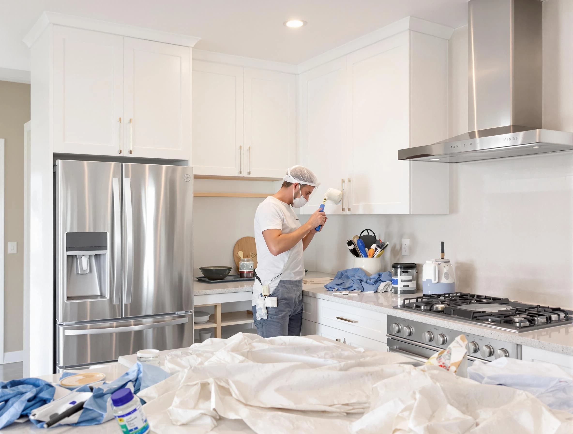 Westlake House Painters painter applying a fresh coat in a kitchen located in Westlake, OH