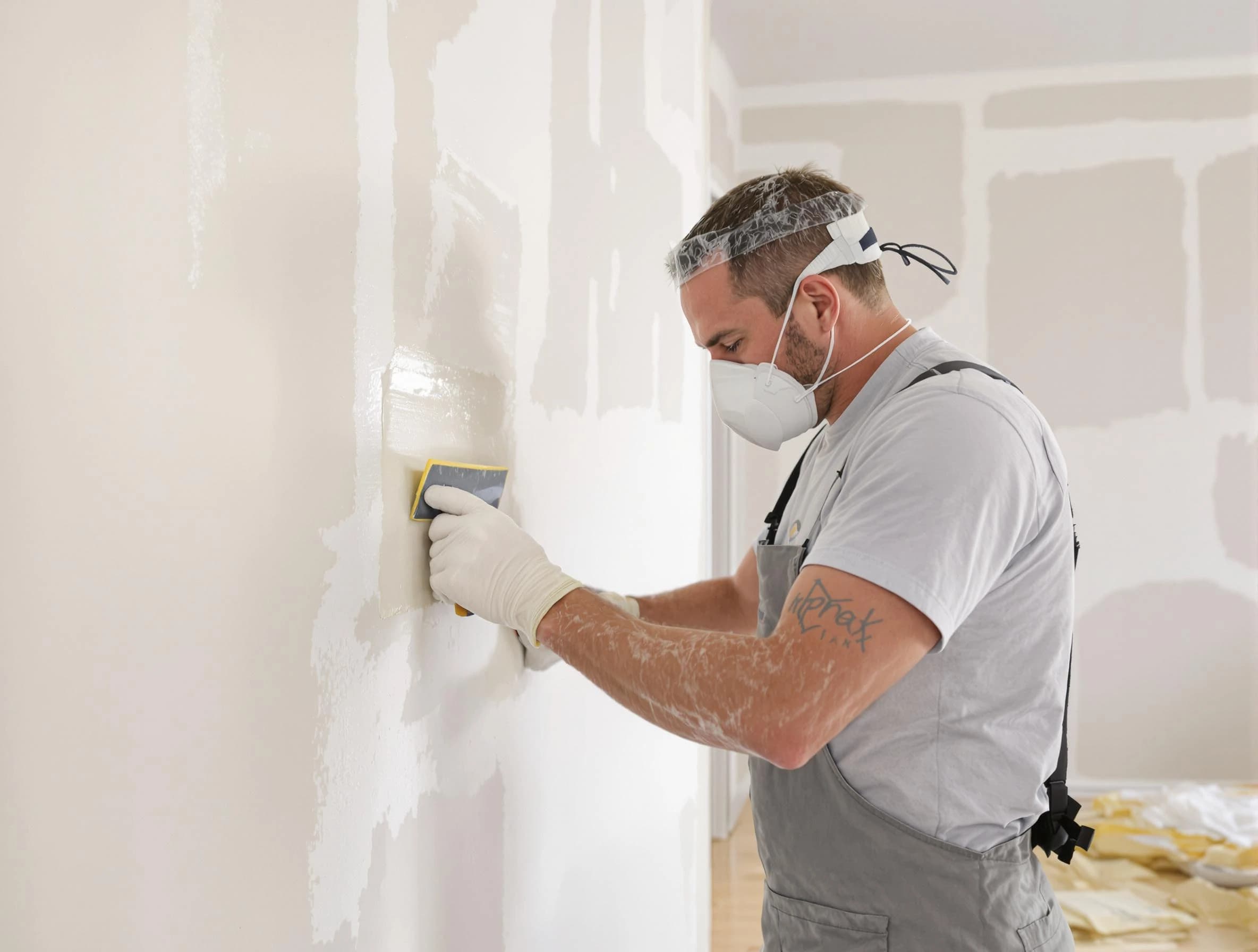 Westlake House Painters technician applying mud to drywall seams in Westlake, OH