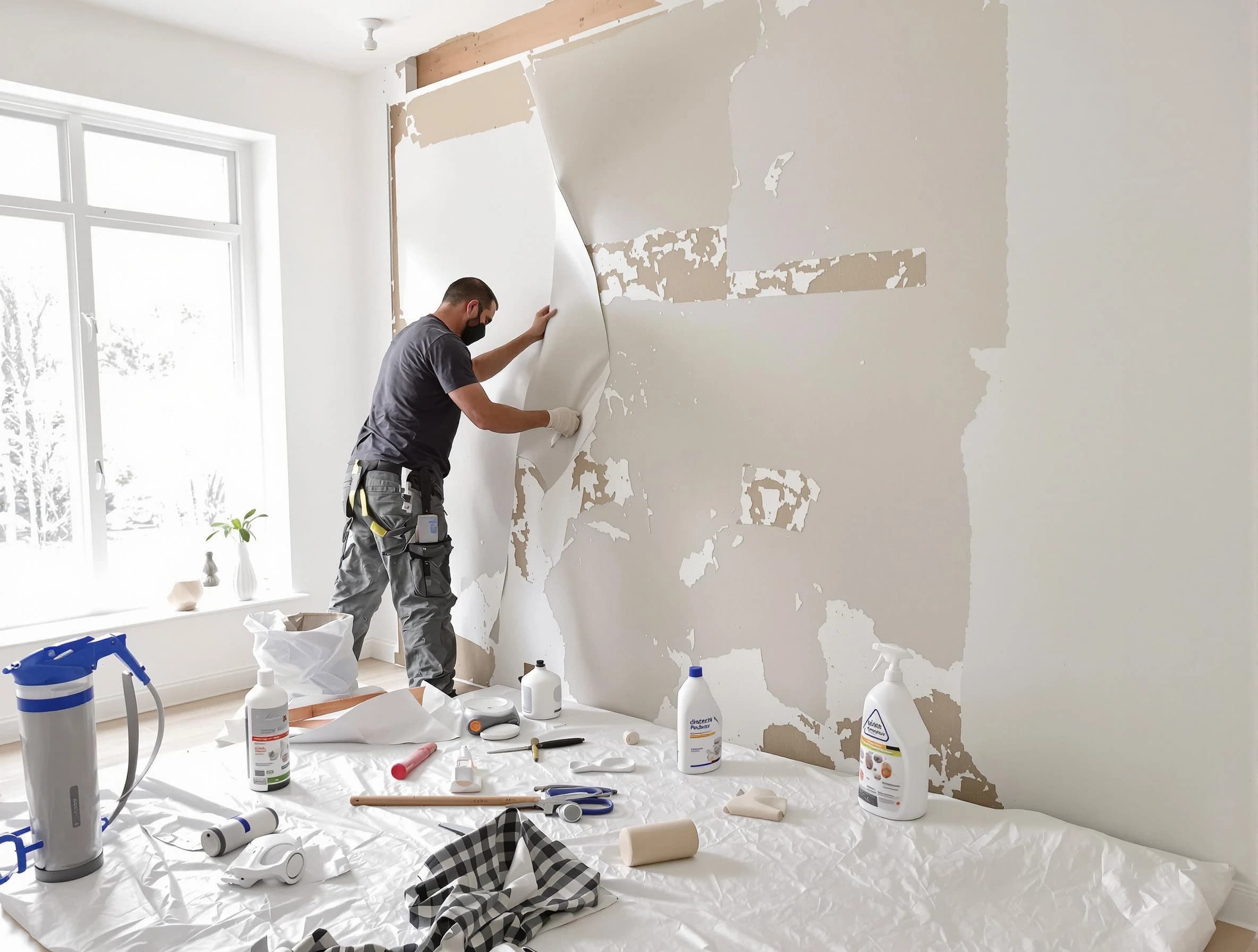 Westlake House Painters technician removing wallpaper in Westlake, OH